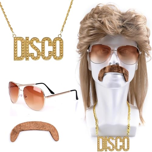 NebulaGlam 80er Jahre Outfit Herren Perücken, Männer Karneval Fasching Blond Perücken, Wig Sonnenbrille Halskette Schnurrbart, Vokuhila Perücke für Halloween Fasching Karneval 70er 80er Kostüm Party von NebulaGlam