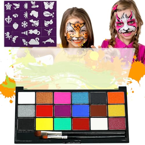 NebulaGlam Kinderschminke Set, 18 Farben Face Paint Body Paint für Kinder, Schminkfarben Schminkpalette mit 2 Berufs Pinsel, 40 Tattoo-Vorlagen, für Halloween Karneval Make-up Fasching (B) von NebulaGlam