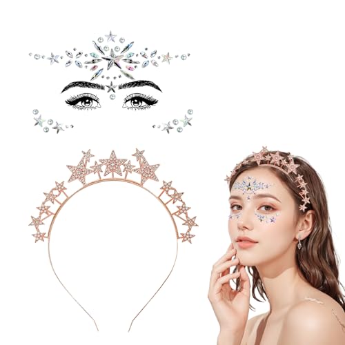 NebulaGlam Sterne Haarreif mit Gesicht Edelsteine, Sterne Stirnband Strass Haarband Gesichtstattoo Karneval Fasching Geburtstag Kostüm Haarreifen Glitzer Haarschmuck für Damen Mädchen (Roségold) von NebulaGlam