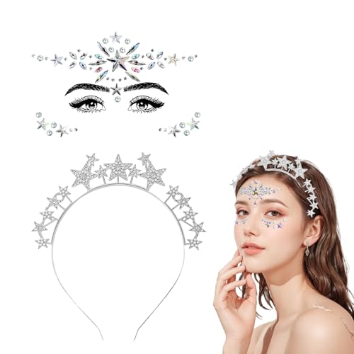 NebulaGlam Sterne Haarreif mit Gesicht Edelsteine, Sterne Stirnband Strass Haarband Gesichtstattoo Karneval Fasching Geburtstag Party Kostüm Haarreifen Glitzer Haarschmuck für Damen Mädchen (Silber) von NebulaGlam