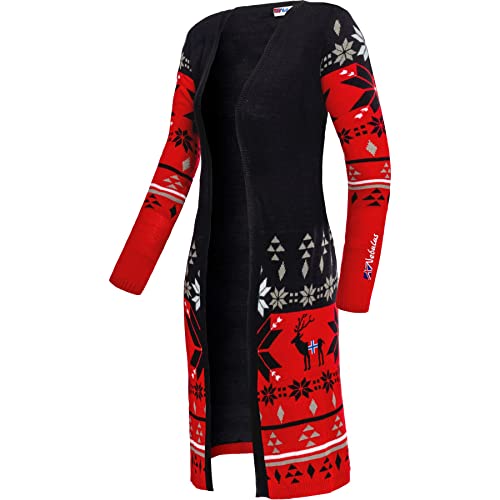 Nebulus Damen Jacke NOORS, warme Strickjacke, Strickmantel im Norweger-Style, schwarz-rot - XL/42 von Nebulus