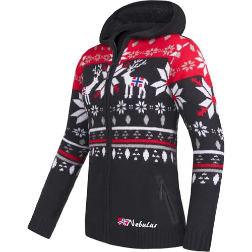 Nebulus Damen Jacke NORMAX, mit Kapuze, schicker Pullover im Norweger-Style (L, Schwarz-rot) von Nebulus