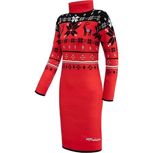 Nebulus Damen Norweger Strickkleid HIGH, Knielang, vielseitig, rot-schwarz - S/36 von Nebulus