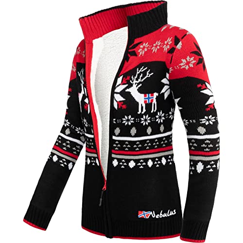 Nebulus Damen Norweger Strickjacke SVERRE, gefütterte Jacke, mit Reißverschluss, schwarz-rot - L/40 von Nebulus