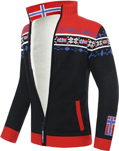 Nebulus Herren Norweger Strickjacke Canadian, gefütterte Jacke, mit Reißverschluss, schwarz - rot - XL von Nebulus