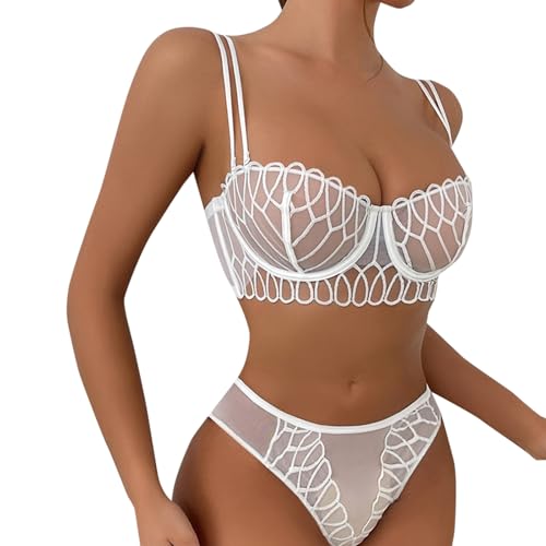 Necalisi BH Damen mit bügel unterwäsche Frauen Set Weiß Damen Unterwäsche BH mit Bügel Spitze Push Up BH und Tanga Rückenfrei Tiefer Ausschnitt Set Lingerie BH Set Damen 85D von Necalisi