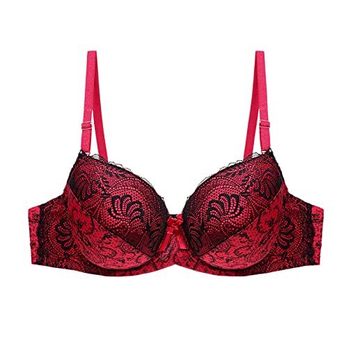Necalisi BH Dirndl Push up Rot Damen Bügel Spitze BH Tief V Mesh Komfort Leicht Gepolstert Bralette Große Größen BH Minimizer BH Push up BH extrem 90B von Necalisi