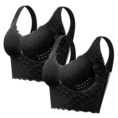 Necalisi BH Grosse grössen Schwarz (2pcs) Damen Ohne Bügel Spitzen BH,Bequemer Spitzen Bralette Elastische Schultergurte BH für Push Up Alltagstaugliche Damen BH Push up 85D von Necalisi