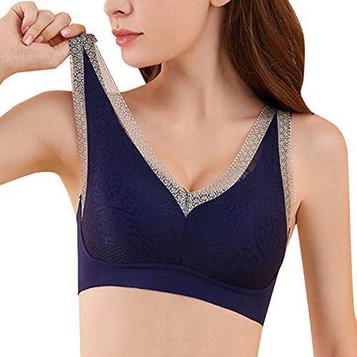 Necalisi BH Grosse grössen top mit Spitze Damen Blau Sport BH Ohne Bügel Bustier Klassische Bequem Stretch Bra Mittle Halt Gepolstert Wohlfühl-BH Maximizer Push up BH 115D von Necalisi