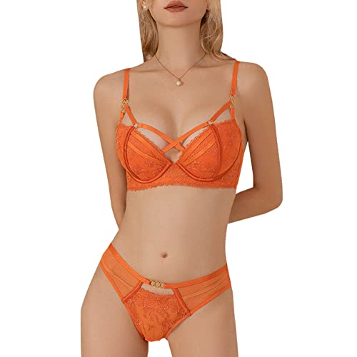 Necalisi BH Push up BH rückenfrei Orange Damen-BHS Buegel Spitzen BH Push up Bralette Damen Spitze V-Ausschnitt Unterwäsche Bügelloser Komfort BH BH und Slip Set Damen 85C von Necalisi