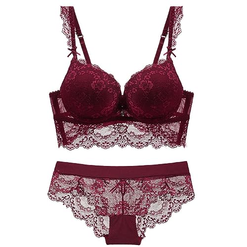 Necalisi BH Push up Damen unterwäsche Set Spitzen Reizwäsche BH Höschens Set Halfter Unterwäsche Set Frauen v-Ausschnitt unterwäsche BH für große Brust Rot 70C von Necalisi