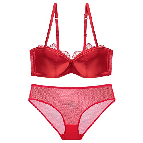 Necalisi BH Push up Rot Push Up BH Set,Damen Bügel BH Set Spitze BH und Slip Nicht Abnehmbarer Bra Panty Lingerie Unterwäsche BH Push up 85B von Necalisi