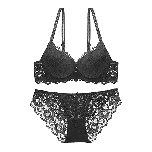 Necalisi BH Schwarz Damen BH Set, Push Up BH und Slip Set Gepolstertes Spitze Bügel BH Unterwäscheset Set Balconette BH Push up 75A von Necalisi