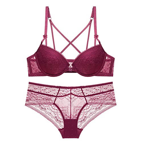 Necalisi BH Set Damen BH vorne zum schließen Weinrot Damen Push Up BH mit Bügel BH Gepolstert Elegant Vollschalen Floraler Spitze BH ohne Polster Soft Cup BH für große Brust 75C von Necalisi