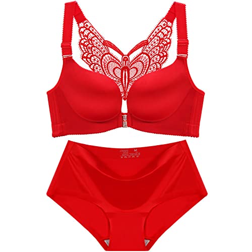 Necalisi BH Set Damen Vorderverschluss BH Rot Spitzen BH Ohne Bügel Bralette Bustier Abnehmbare Gepolstert Nicht Abnehmbarer Schulterriemen Unterwäsche BH durchsichtig Damen 95C von Necalisi