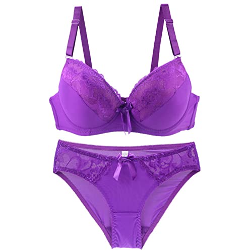 Necalisi BH Set Lila Spitzen BH Buegel Bralette Damen Spitze Bustier Abnehmbare Gepolstert Nicht Abnehmbarer Schulterriemen Unterwäsche Maximizer Push up BH 95C von Necalisi