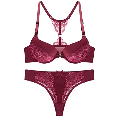 Necalisi BH Set mit Slip BH mit Verschluss vorne Weinrot BH Damen mit Bügel halbgepolstert Women Bra auch in Supergrösse Büstenhalter Alltag| Halb Gepolstert BHS super Push up BH 90B von Necalisi