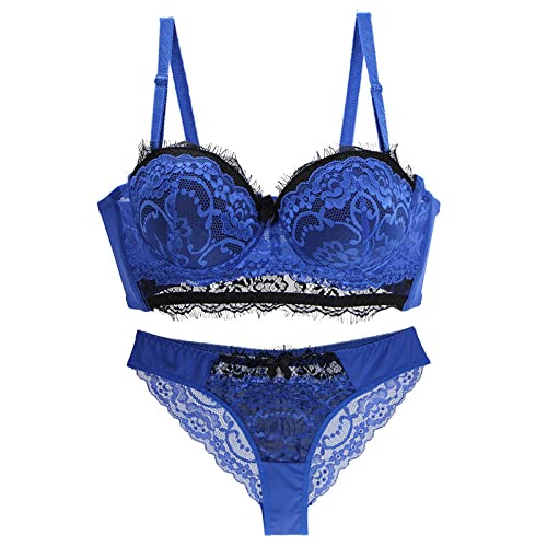 Necalisi BH Set mit Slip Blau Damen BH Unterwäsche Spitze Bügel BH Ungefüttert Dünn Unterwäsche Push Up Spitze BH Verstellbare Schultergurte Push up Bra 80C von Necalisi