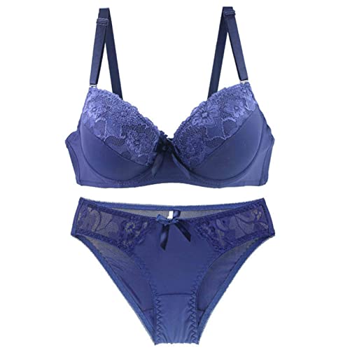 Necalisi BH Set mit Slip Blau Damen Push Up BH mit floraler Spitze gepolsterter Bügel BH Komfort Push up BH Set 85C von Necalisi