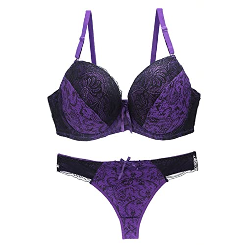 Necalisi BH Set mit Slip Lila Damen Push Up BH mit Blumen Spitze Schalen Bügel BH Gepolstert Elegant Push up Dirndl BH 75B von Necalisi