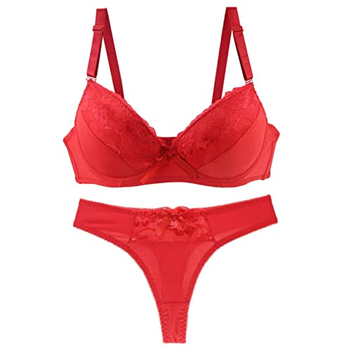 Necalisi BH Set mit Slip Rot Damen Bügel Spitze BH Tief V Mesh Komfort Leicht Gepolstert Bralette Große Größen BH Minimizer BH Push up Dirndl BH 100D von Necalisi