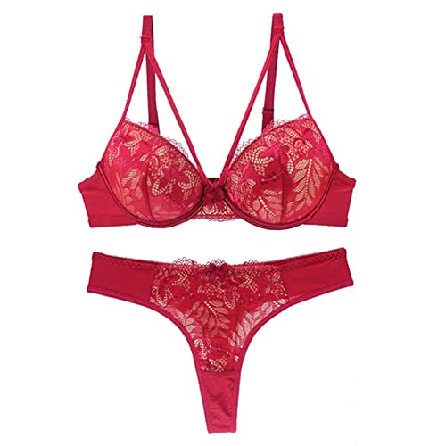 Necalisi BH Set mit Slip Rot Damen Push Up BH mit floraler Spitze gepolsterter Bügel BH Komfort BH Sheer BH Komfort Bügel Unterstützung BH Balconette BH Push up 95B von Necalisi