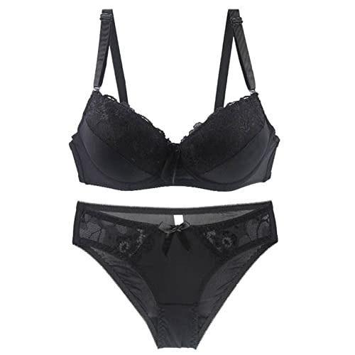 Necalisi BH Set mit Slip Schwarz Damen Push Up BH mit floraler Spitze gepolsterter Bügel BH Komfort BH Pushup BH Damen 80D von Necalisi