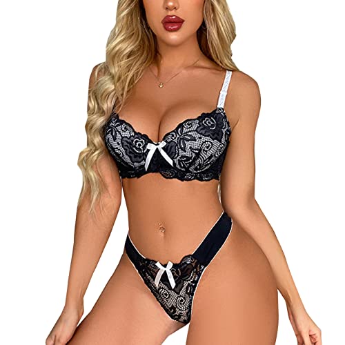 Necalisi BH Set mit Slip Schwarz Damen Spitzen Push Up BH Push Up BH mit Bügel BH Unterwäsche Damen Soft Bra Dirndl BH 85C von Necalisi