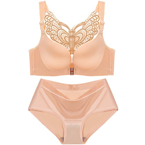 Necalisi BH Set mit Slip Vorderverschluss BH Hellgelb Damen Push Up BH mit Blumen Spitze Schalen Ohne Buegel BH Gepolstert Elegant Push up Bra 120E von Necalisi