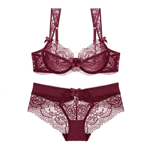 Necalisi BH Set mit Slip Weinrot BH Damen mit Bügel halbgepolstert Women Bra auch in Supergrösse Büstenhalter Alltag| Halb Gepolstert BHS Pushup BH Damen 90C von Necalisi