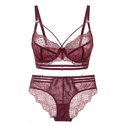 Necalisi BH Set mit Slip Weinrot Damen BH Unterwäsche Spitze Bügel BH Ungefüttert Dünn Unterwäsche Push Up Spitze BH Tiefer Ausschnitt Verstellbare Schultergurte Push up Bra 80D von Necalisi