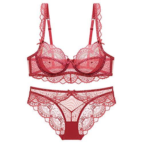 Necalisi BH Set rot Damen 1/2 Cup Spitze BH 75B Soft Mesh Bügel BH Unlined Durchsichtig Damen Spitze BH Verstellbare Träger von Necalisi