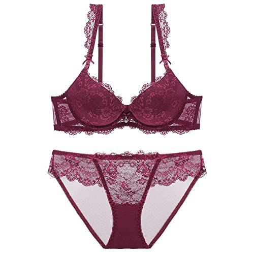 Necalisi BH Weinrot Damen Set Spitze unterwäsche Set Unterwäsche Lingerie Lace Unterwäsche- Set Spitzen BH 70C von Necalisi