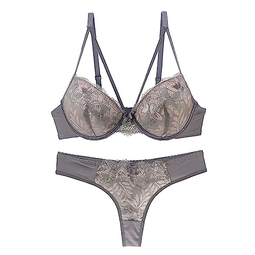 Necalisi BH grau Damen unterwäsche Set Unterwäsche Lingerie BH und G-String Reizwäsche Spitze unterwäsche Bügel super Push up BH 75A von Necalisi