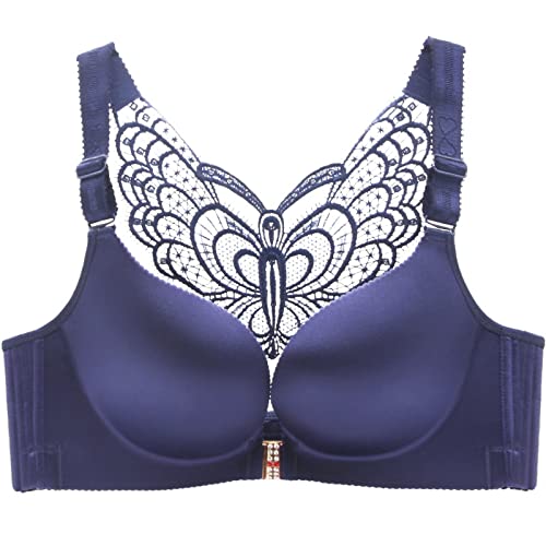 Necalisi BH ohne träger Vorderverschluss BH Blau Damen Spitzen BH Ohne Bügel Bralette Verstellbare Schultergurte Nicht Abnehmbarer Schulterriemen Unterwäsche Damen BH Push up 115C von Necalisi