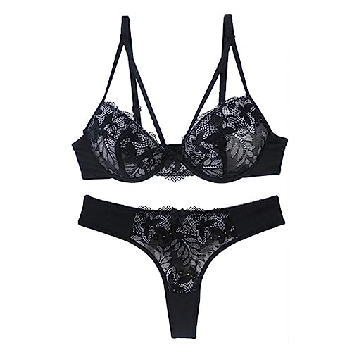 Necalisi BH rückenfrei Schwarz Spitzen BH Damen Reizwäsche unterwäsche BH und Slip Set Damen Bequemer Weicher Unterwäsche BH Set Bügel Balconette BH Push up 85B von Necalisi