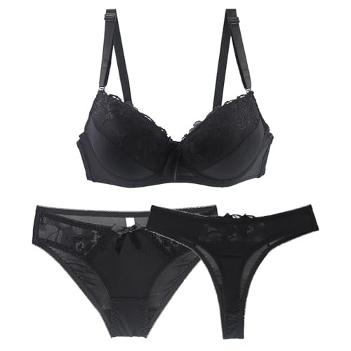 Necalisi BH rückenfrei unterwäsche Frauen Set Schwarz Damen Bügel Gepolsterter BH Spitze unterwäsche Push-up BH Unterwäsche Höschen-Sets BH für große Brust 90B von Necalisi