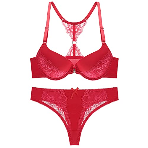 Necalisi BH und Slip Set Damen BH mit Verschluss vorne Rot Damen Spitze BH Soft Mesh Bügel BH Unlined Durchsichtig Damen Spitze BH Verstellbare Träger Pushup BH Damen 85B von Necalisi