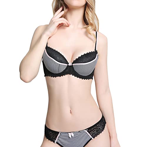 Necalisi BH und Slip Set Damen Schwarz Damen Bügel Spitze BH Tief V Mesh Komfort Leicht Gepolstert Bralette Große Größen BH Minimizer BH BH für große Brust 95C von Necalisi