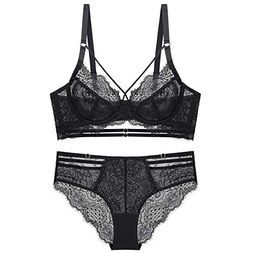 Necalisi BH und Slip Set Damen Schwarz Damen Push Up BH mit Bügel BH Gepolstert Elegant Vollschalen Floraler Spitze BH ohne Polster Soft Cup Damen BH Push up 75A von Necalisi