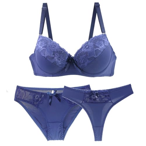 Necalisi BH unterwäsche Frauen Set Blau Damen Unterwäsche BH mit Bügel Spitze Push Up BH und Tanga Rückenfrei Tiefer Ausschnitt Set Lingerie Damen BH 75B von Necalisi