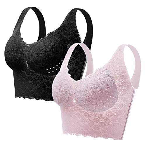 Necalisi Damen BH Schwarz+Rosa Damen BH Ohne Bügel Spitze Unterwäsche mit Verstellbare Träger Push up Blumen Spitze BH Tiefer Ausschnitt Unterwäsche BH Push up 95C von Necalisi