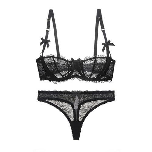 Necalisi Damen-BHS Schwarz Damen unterwäsche Set Ohne Bügel Reizwäsche Spitze Unterwäsche Weich Strapse Set BH Slip Halsband Strumpfhalter Maximizer Push up BH 65D von Necalisi