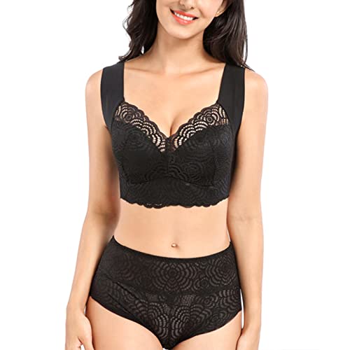 Necalisi Damen-BHS Schwarz Set Spitzen BH Ohne Bügel Gepolstert Bralette Bra V Ausschnitt für Damen Spitze BH Bustier BH Push up 110B von Necalisi