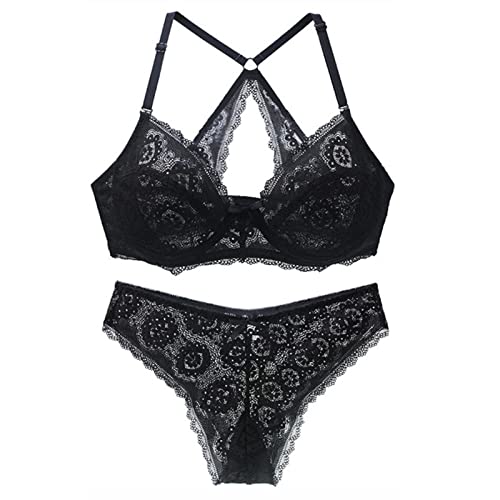 Necalisi Damen Set Schwarz Damen Blumen Spitzen Bralette BH Bustier Buegel BH Gepolstert Cup Comfort Bra Unterwäsche Damen BH Push up 100C von Necalisi