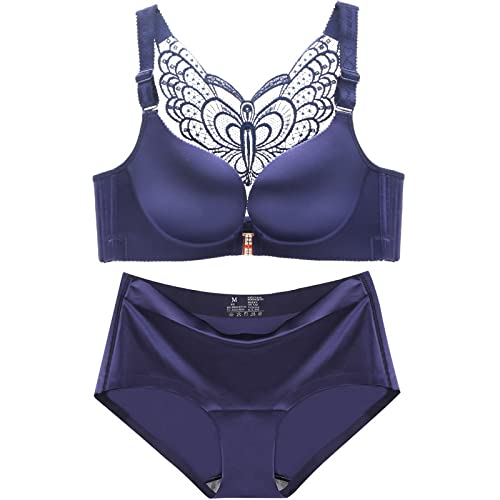 Necalisi Damen Set Vorderverschluss BH Blau Damen-BHS ohne Bügel Spitzen BH Push up Bralette Damen Spitze V-Ausschnitt Unterwäsche Bügelloser BH Push up extrem 80A von Necalisi