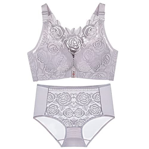 Necalisi Damen Set Vorderverschluss BH Grau 2 Damen BH aus floraler Spitze Lace BH Ohne Buegel BH Ungepolstert Soft Cup Vollschalen BH Push up extrem 100D von Necalisi