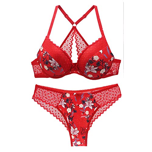 Necalisi Damen unterwäsche Set BH und Slip rot Damen Floraler Spitzen BH Sheer BH Komfort Bügel Unterstützung BH Ungepolstert BH für große Brust 90B von Necalisi