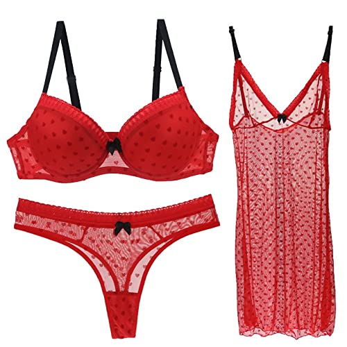 Necalisi Dirndl BH Nachthemd aus Tüll für Rot (3pcs) Damen Dessous Set Spitzen Reizwäsche BH Höschens Set Halfter Unterwäsche Set Frauen v-Ausschnitt Dessous BH Grosse grössen 80C von Necalisi