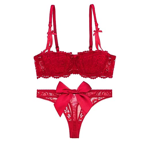 Necalisi Dirndl BH Rot Damen BH Set, Push Up BH und Slip Set Gepolstertes Spitze Bügel BH Unterwäscheset Set BH mit Spitze 75A von Necalisi